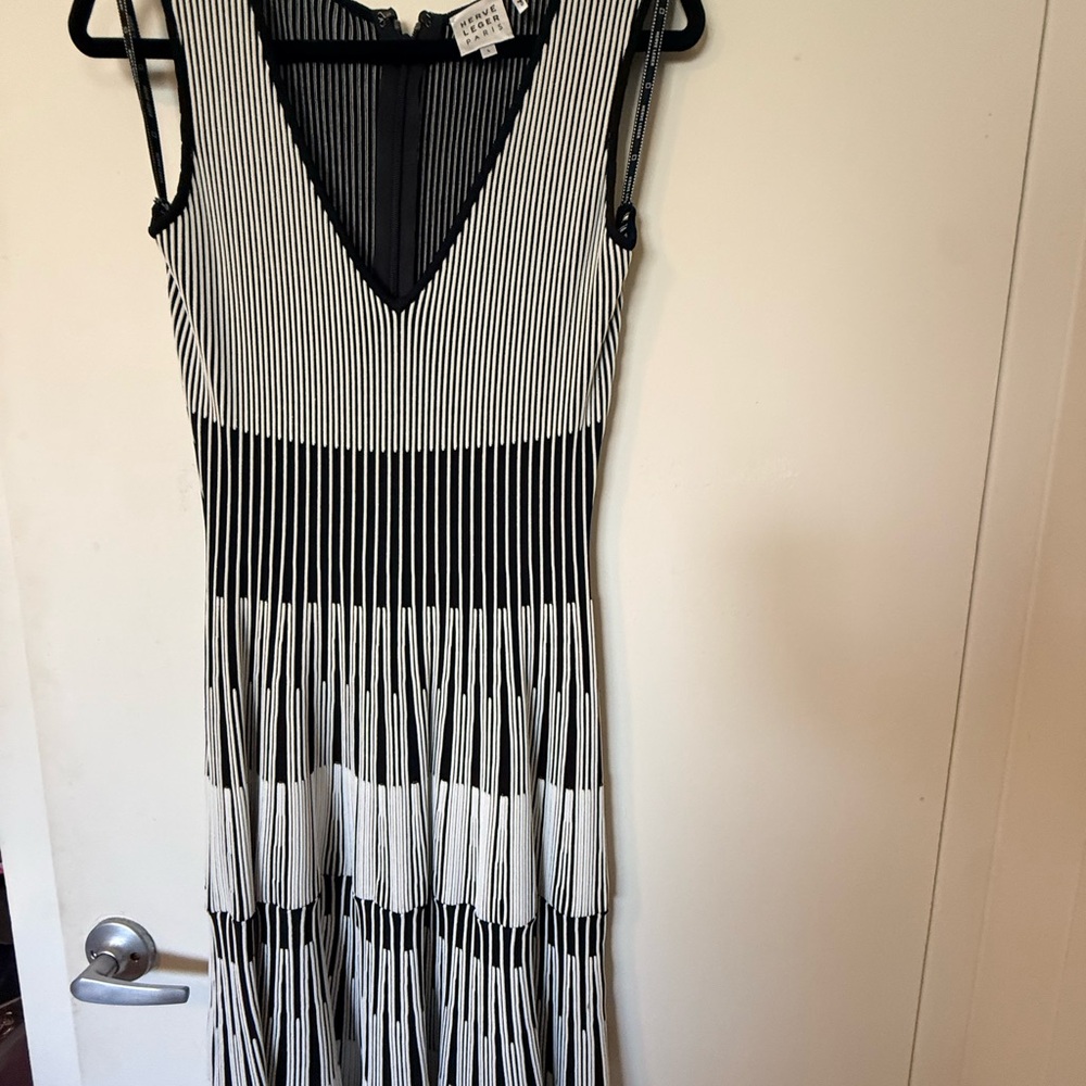 Herve Leger Monochrome Striped Fit & Flare Dress